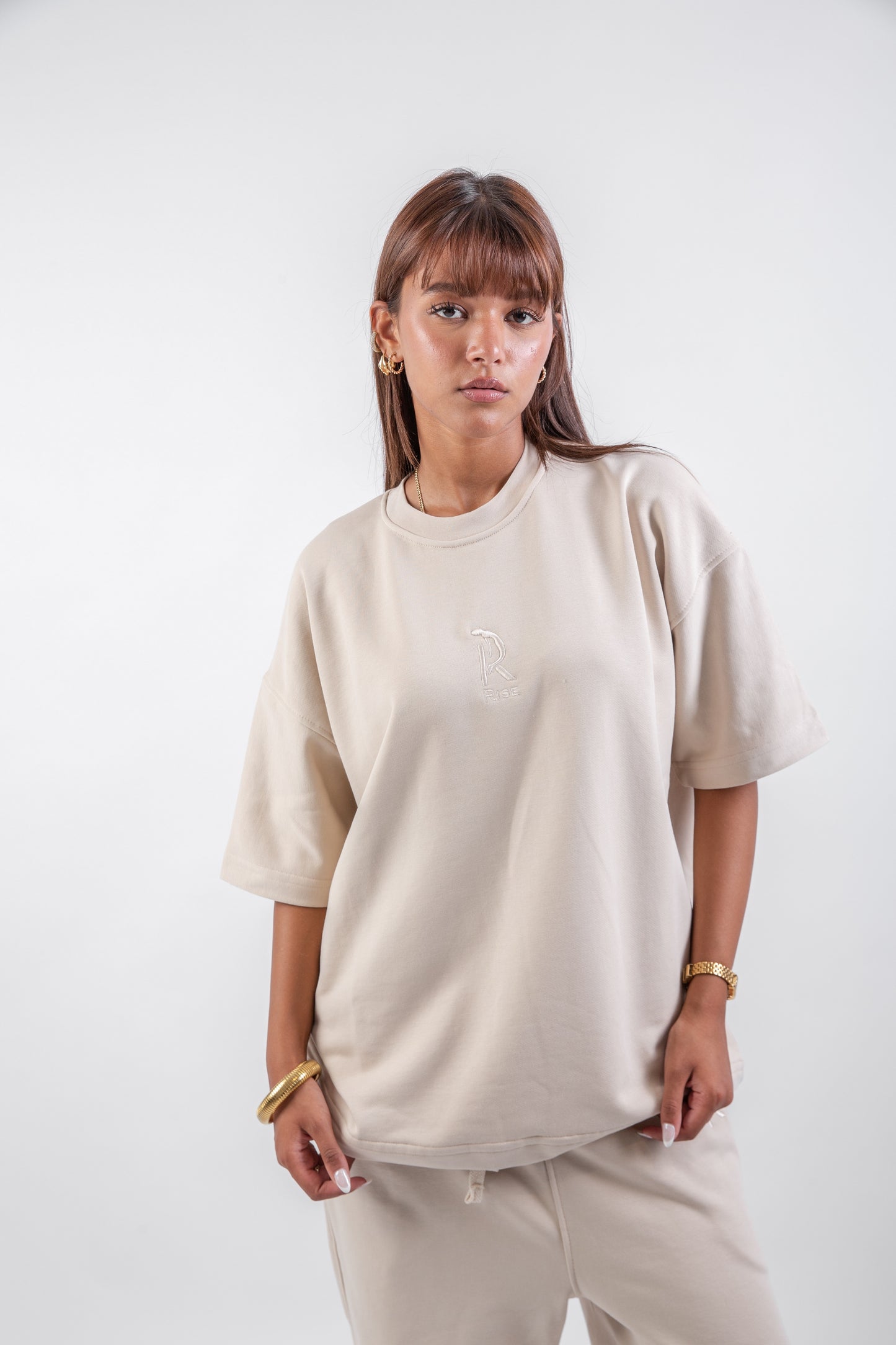 Loose Drawstring Sweatpant & Chill Sleeve T-shirt Beige Set